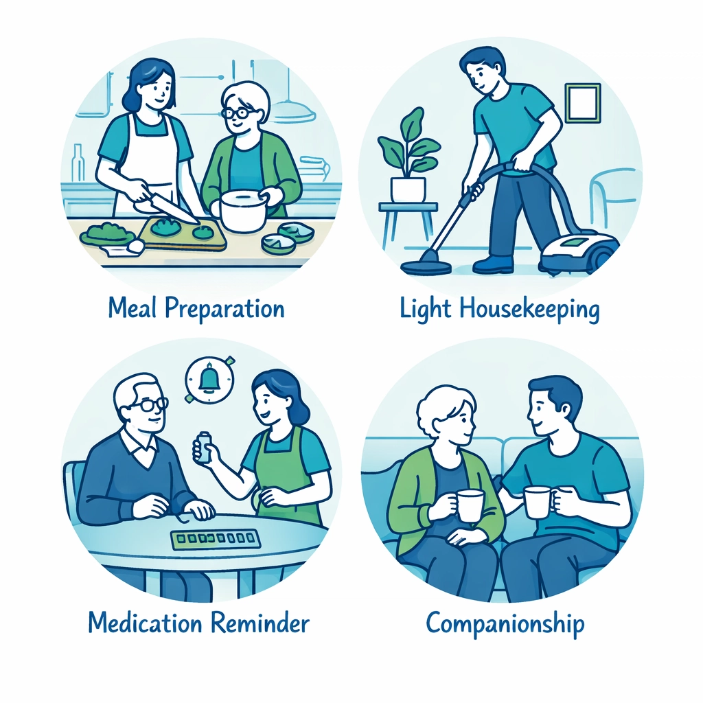 Personal care services at home including meal prep, housekeeping, and companionship for seniors