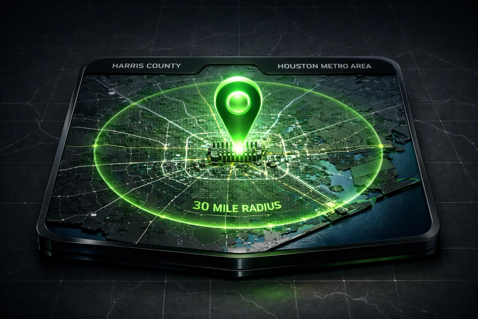 GPS map showing the 30-mile service radius for recovery services Houston and surrounding suburbs.