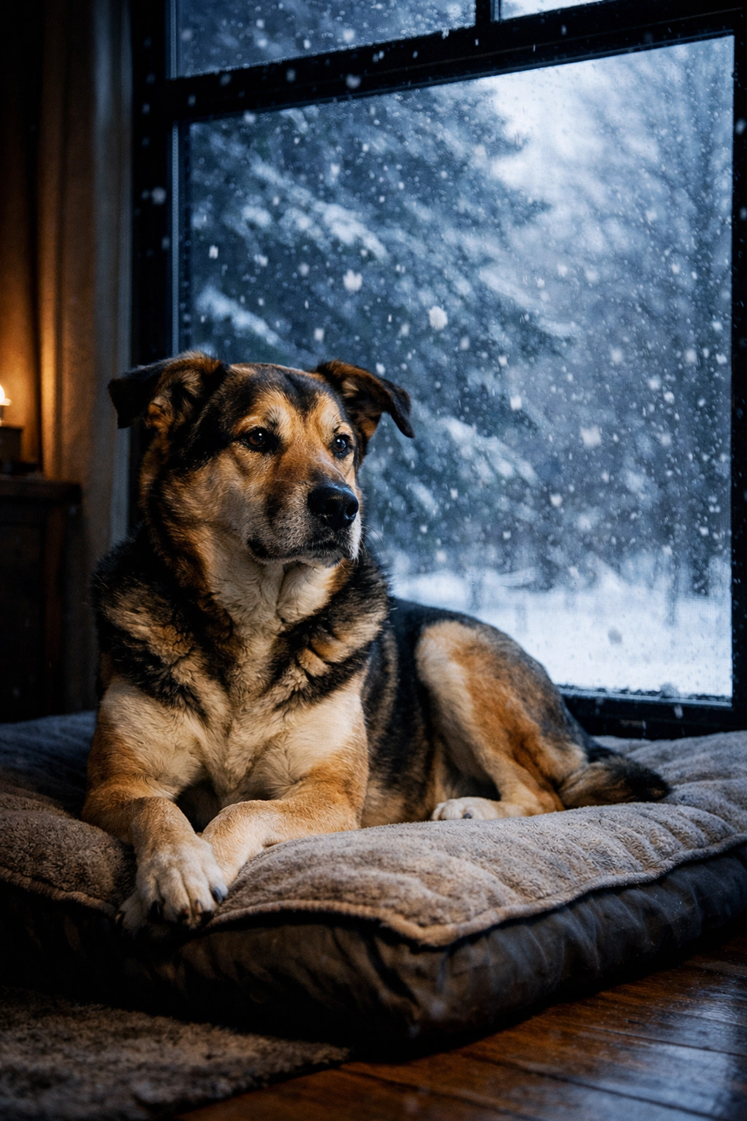 Calm dog showing trained behaviour indoors during winter storm