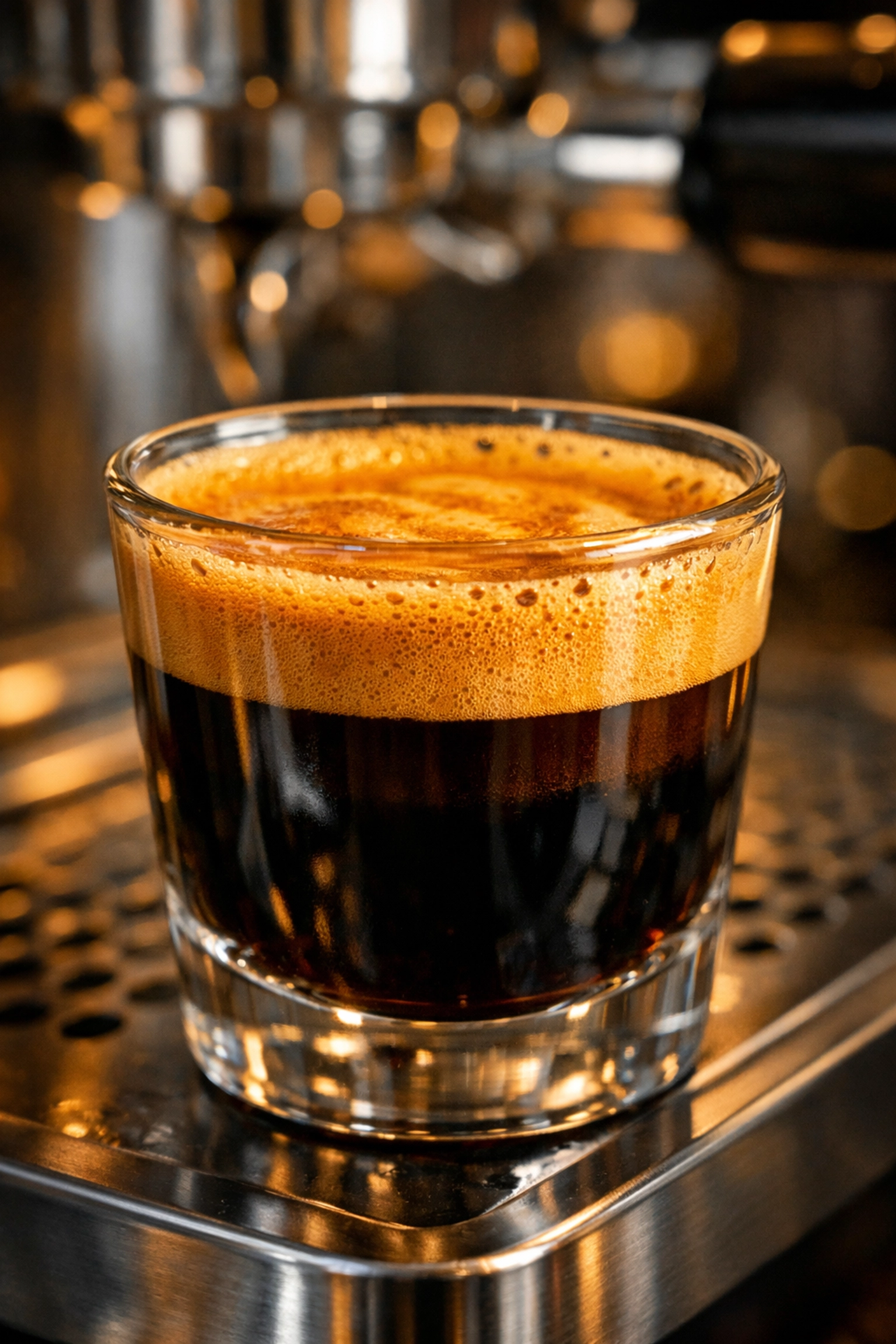 Freshly brewed espresso shot with thick, tiger-striped crema in a clear glass demitasse cup.
