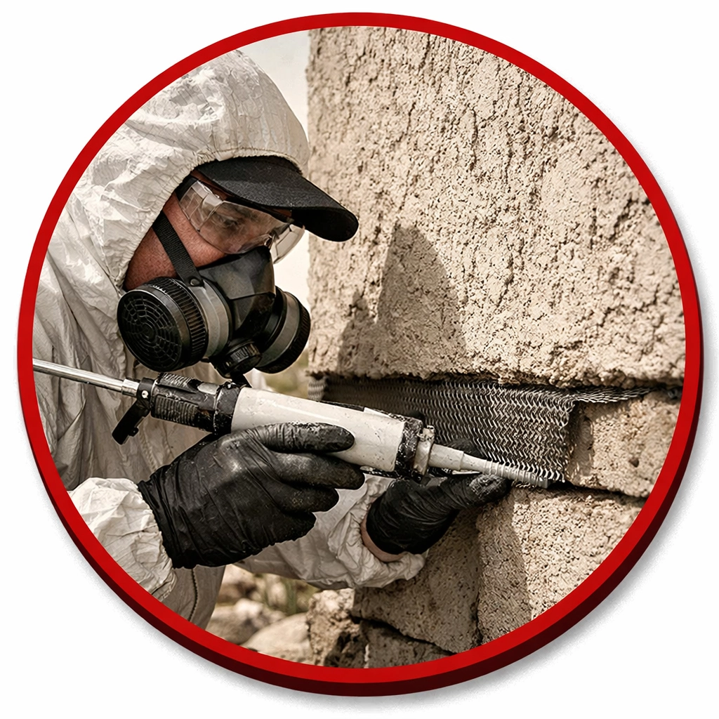 Professional pest control technician sealing exterior gaps in Arizona desert home with steel mesh