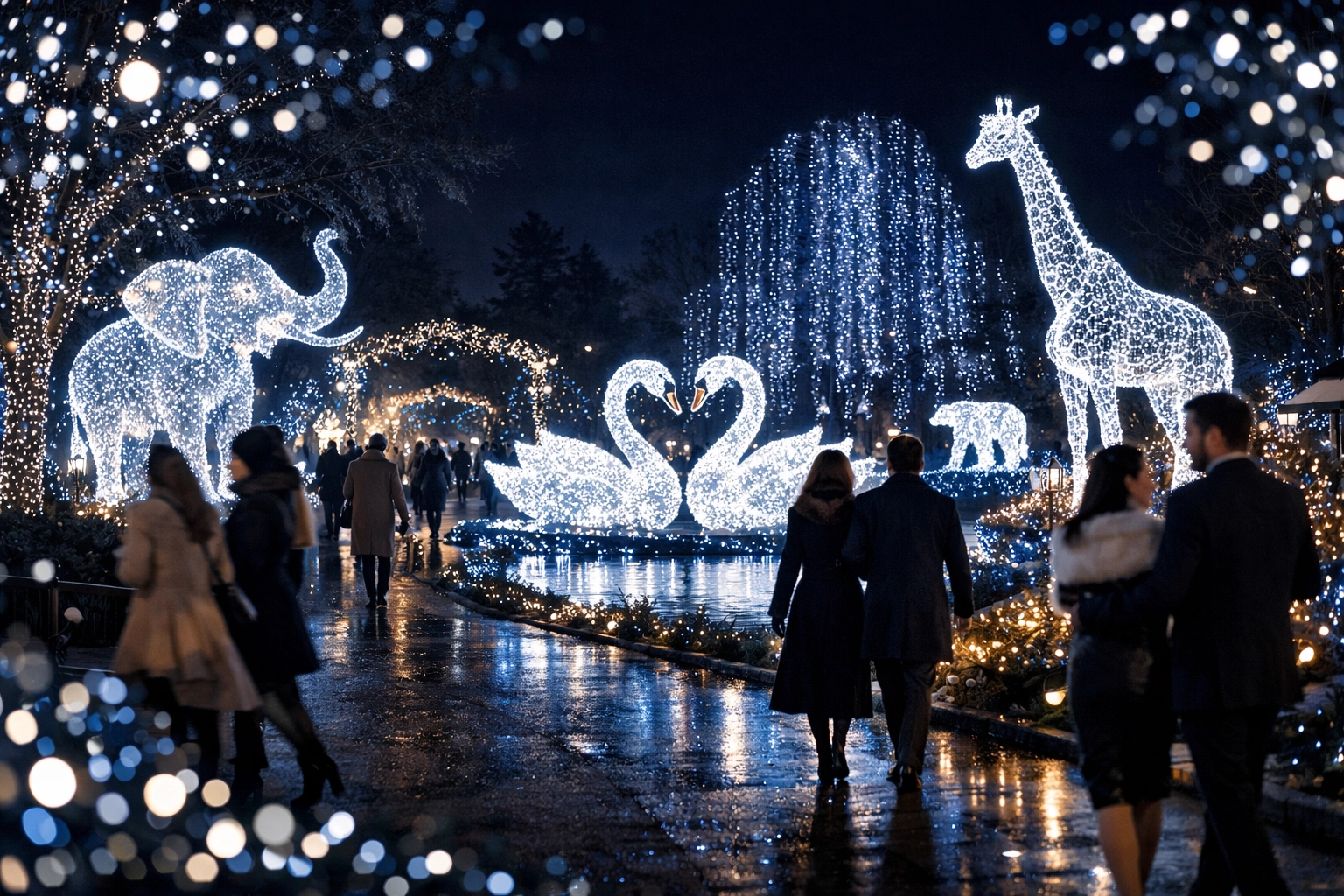 Evening zoo lights festival with glowing wildlife displays, highlighting seasonal luxury sponsorship opportunities.