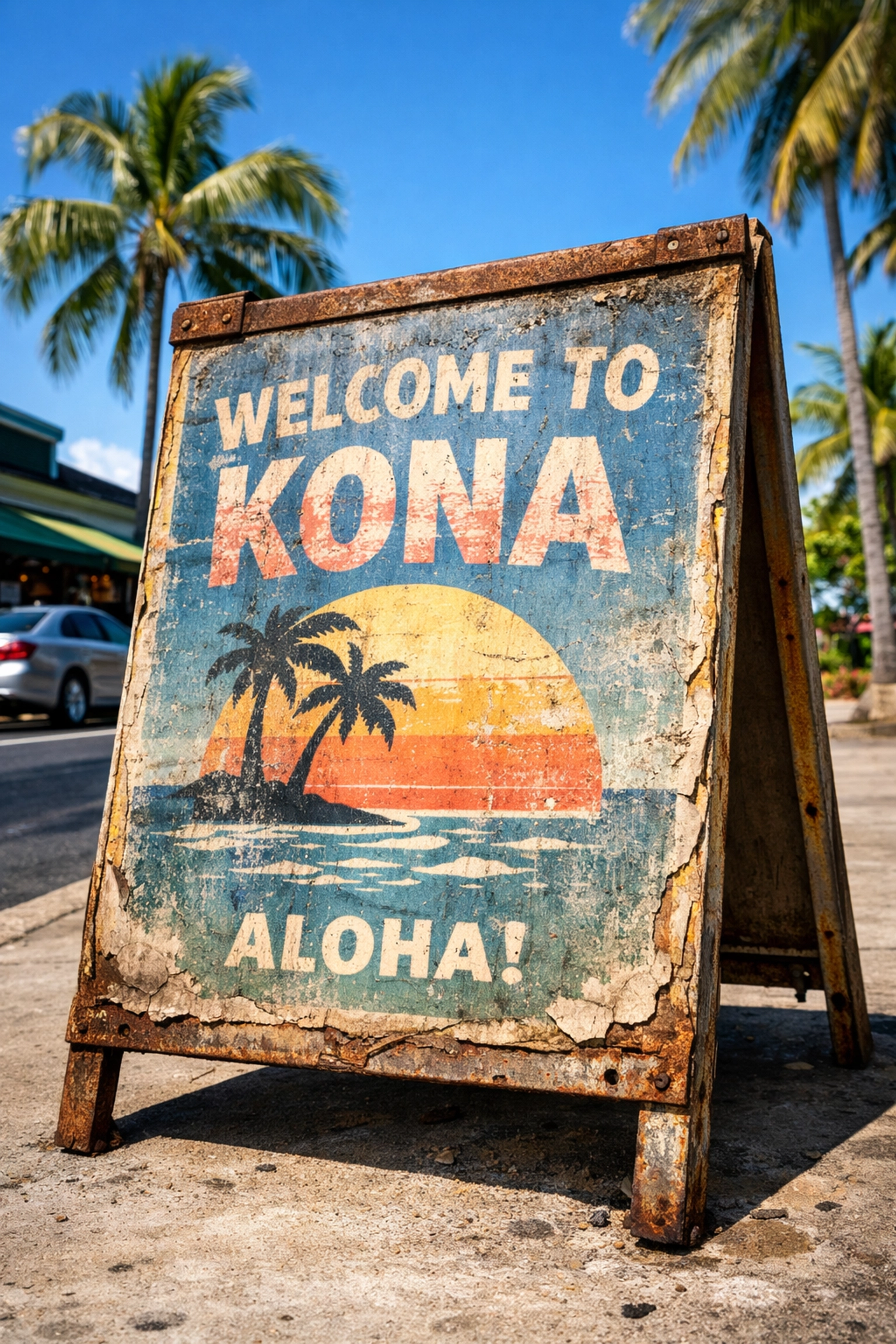 Weathered A-frame sign showing sun damage and salt air wear on Kona sidewalk with palm trees