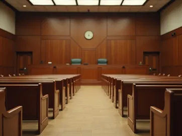 Empty courtroom with wooden benches, judge’s bench, and central clock, symbolizing preparation and readiness for trial and legal advocacy. Represents The Demerson Firm’s commitment to delivering disciplined, strategic representation in Texas courts for personal injury and criminal defense cases.