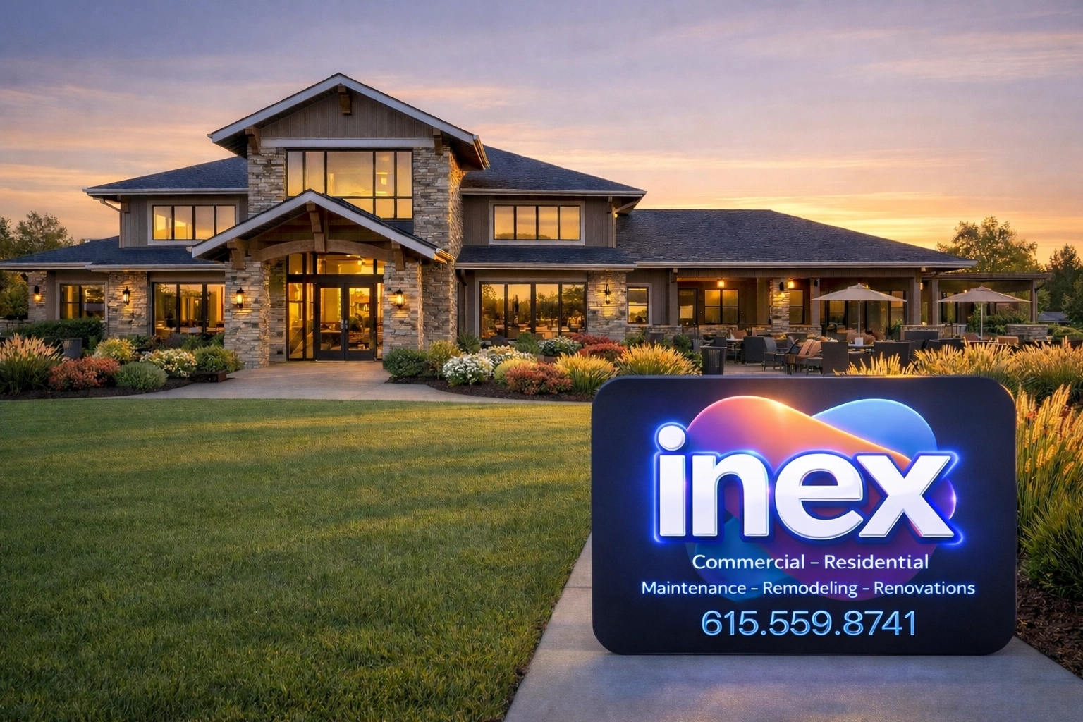 Modern HOA clubhouse with professional landscaping and clean walkways to protect property values.