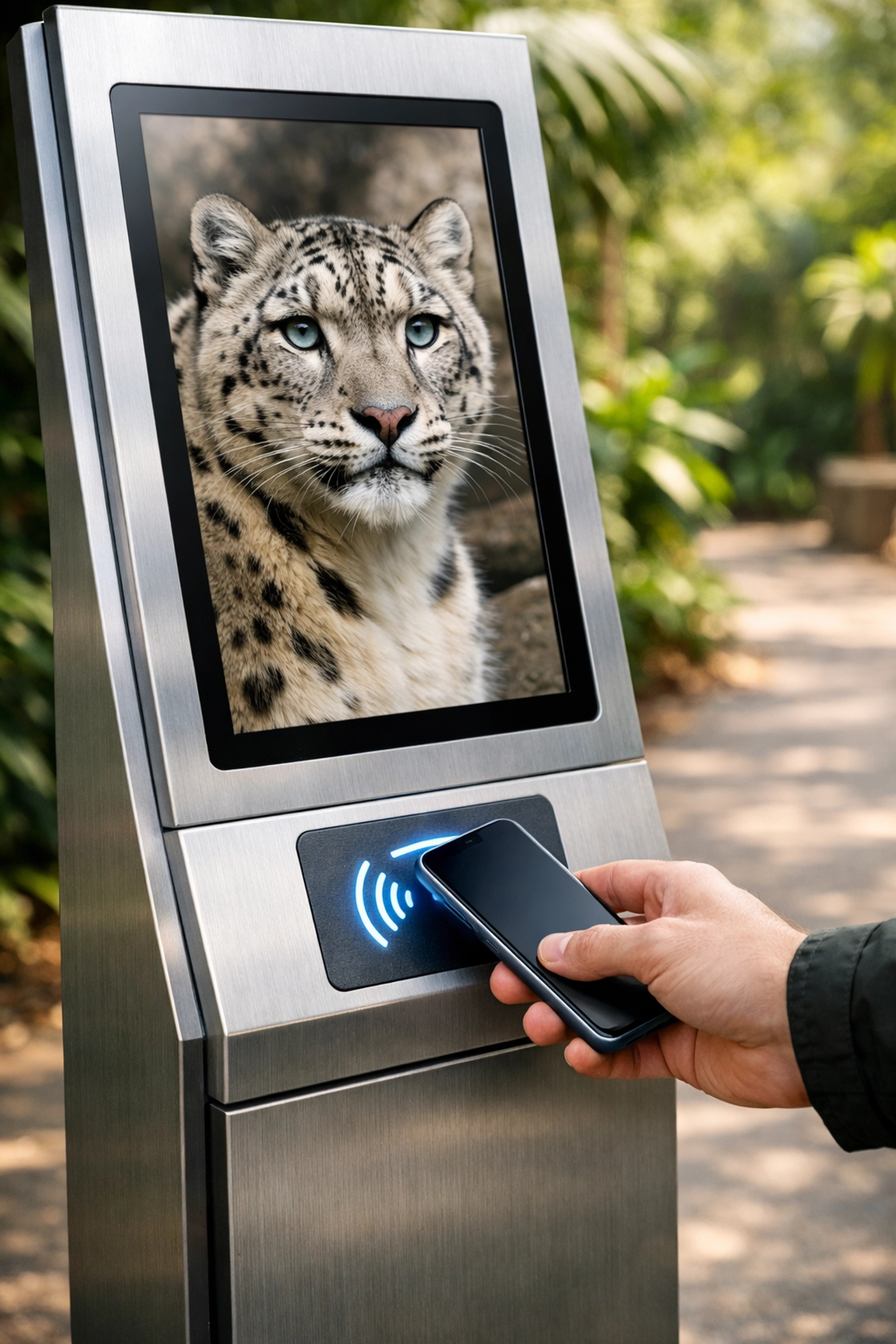 Contactless interactive kiosk in a smart zoo venue displaying digital wildlife content to a visitor.
