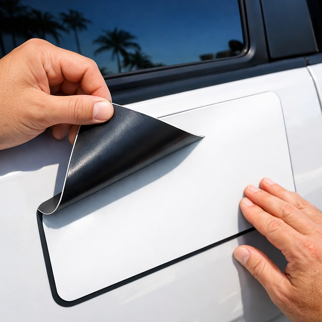 Applying a high-quality vehicle magnet to a white pickup truck for mobile business branding.