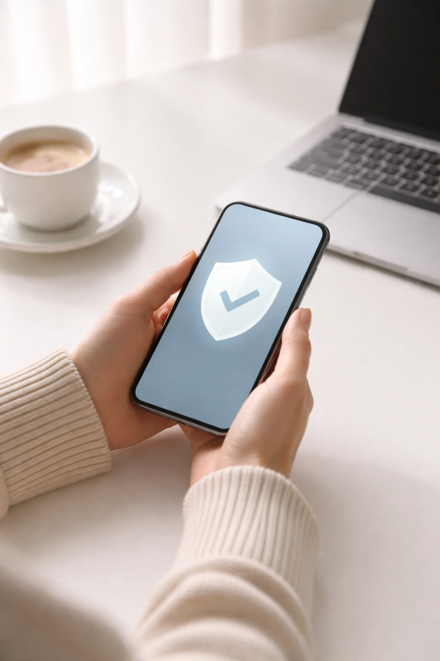 Hands holding smartphone with security shield icon, emphasizing personal information protection during Identity Theft Awareness Week.
