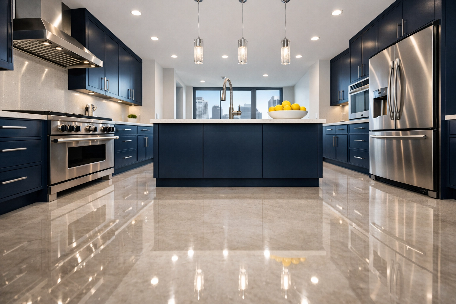 Sanitized Seaport kitchen featuring clean appliances and quartz counters after move-in cleaning in Boston.