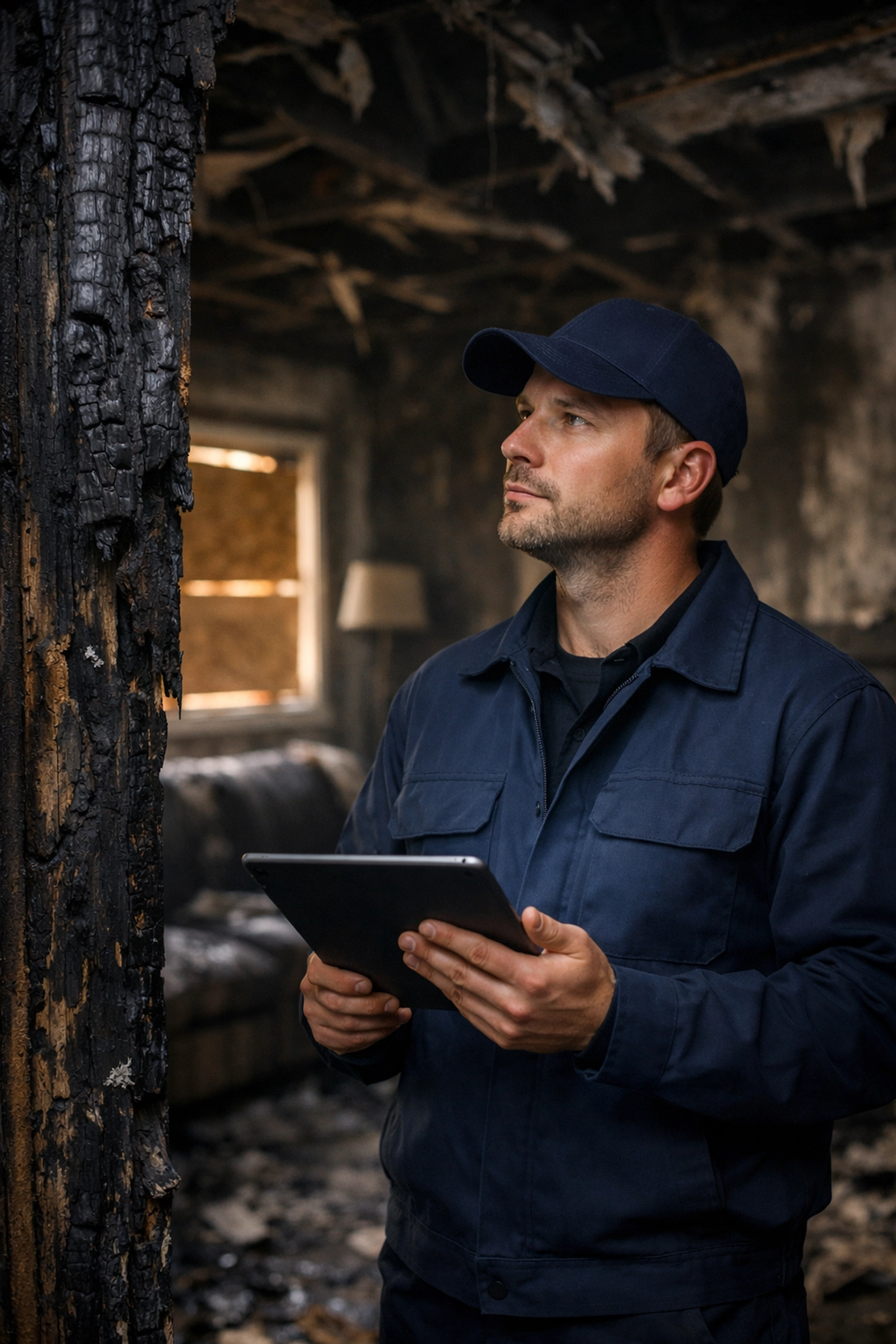 Restoration professional using a tablet to assess fire damage and charred structural beams in a home.