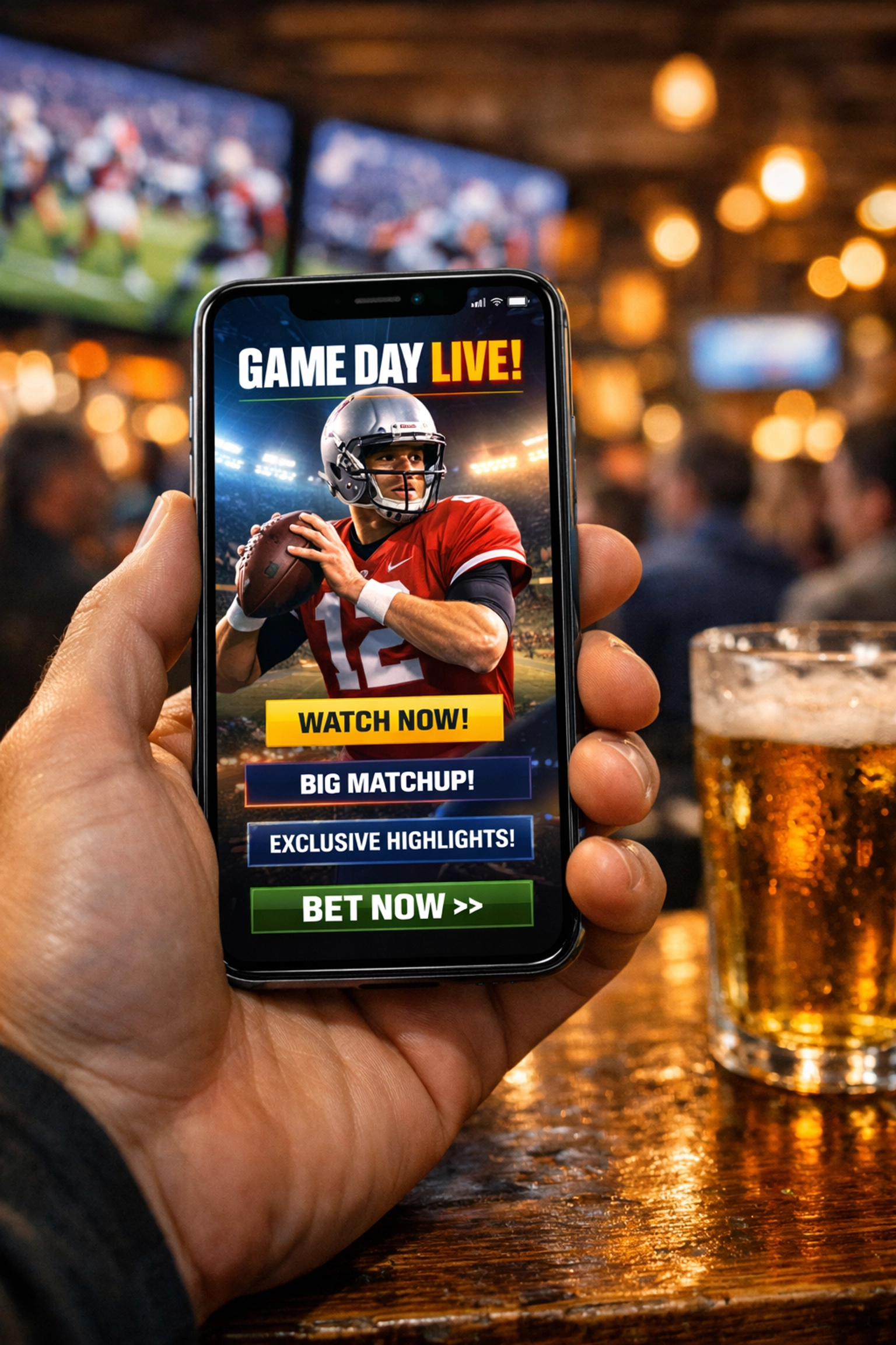 Mobile athlete branding ad on a smartphone screen inside a crowded sports bar during the big game.