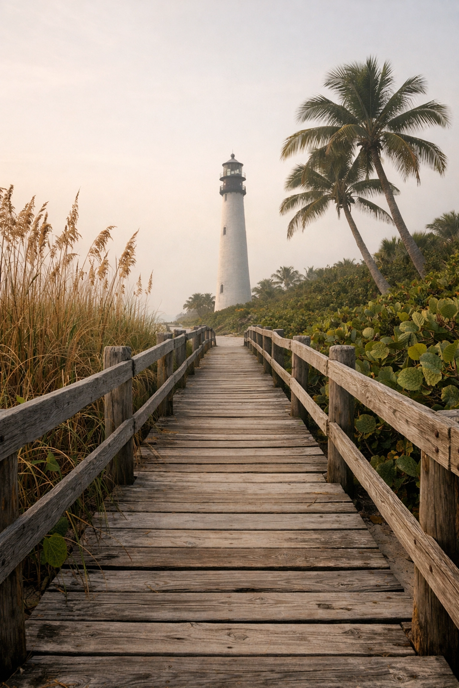 Historic Cape Florida lighthouse seen from a wooden path at Bill Baggs State Park, ideal for coastal photography.