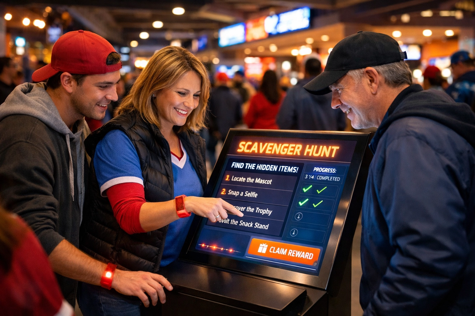 Fans using RFID wristbands at interactive touchscreen kiosk for digital sponsorship activation at sports arena