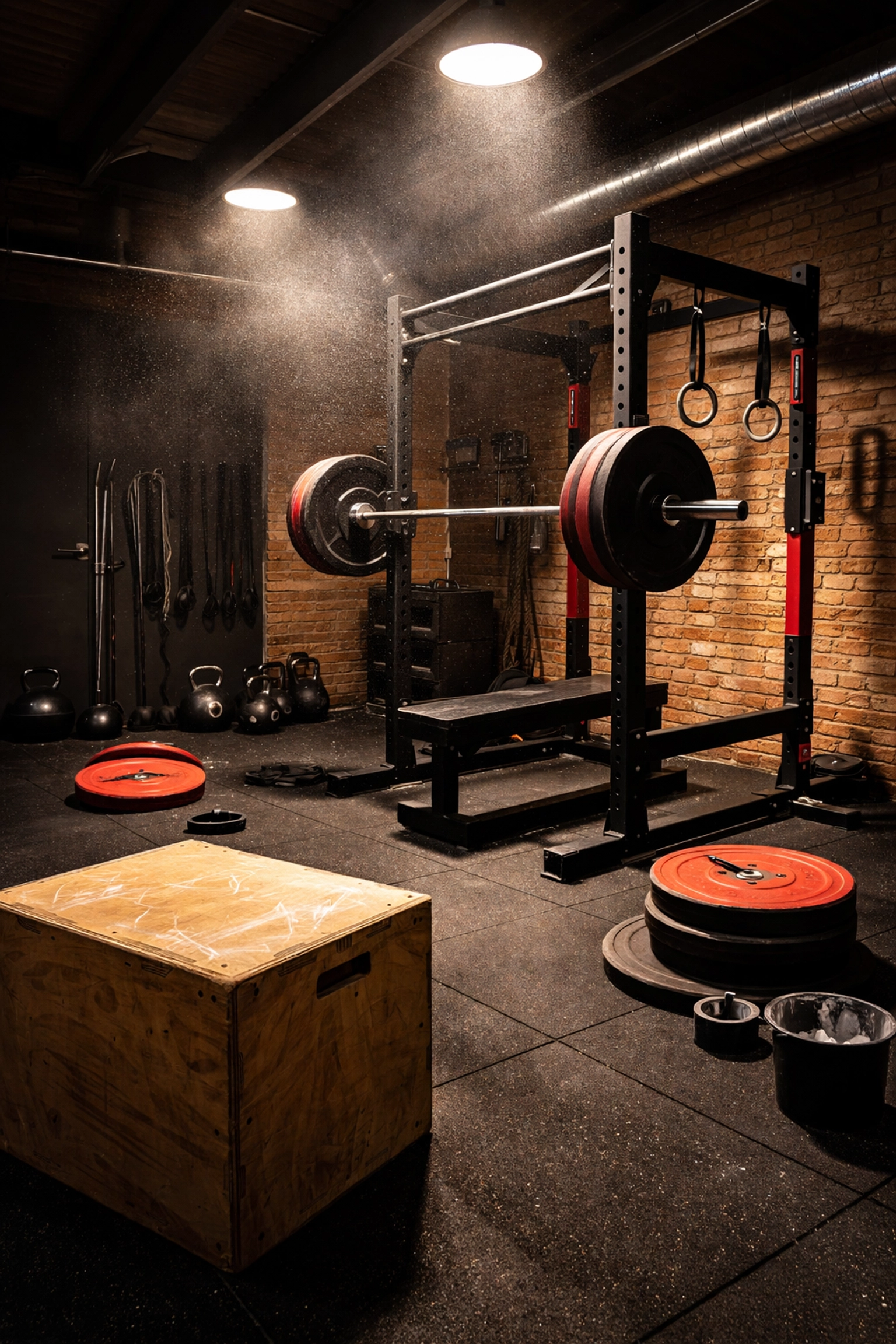 CrossFit home gym setup with power rack, loaded barbell, bumper plates, and plyo box in garage