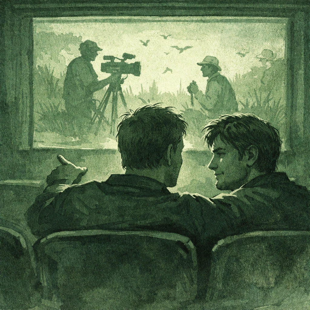 Two men review documentary footage together in screening room - MM couple storytelling