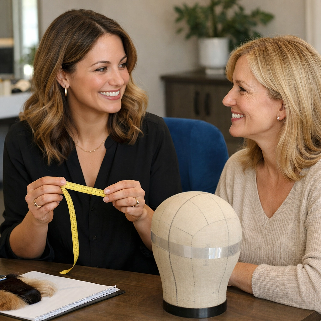 Cranial prosthesis specialist consulting client during medical wig fitting appointment