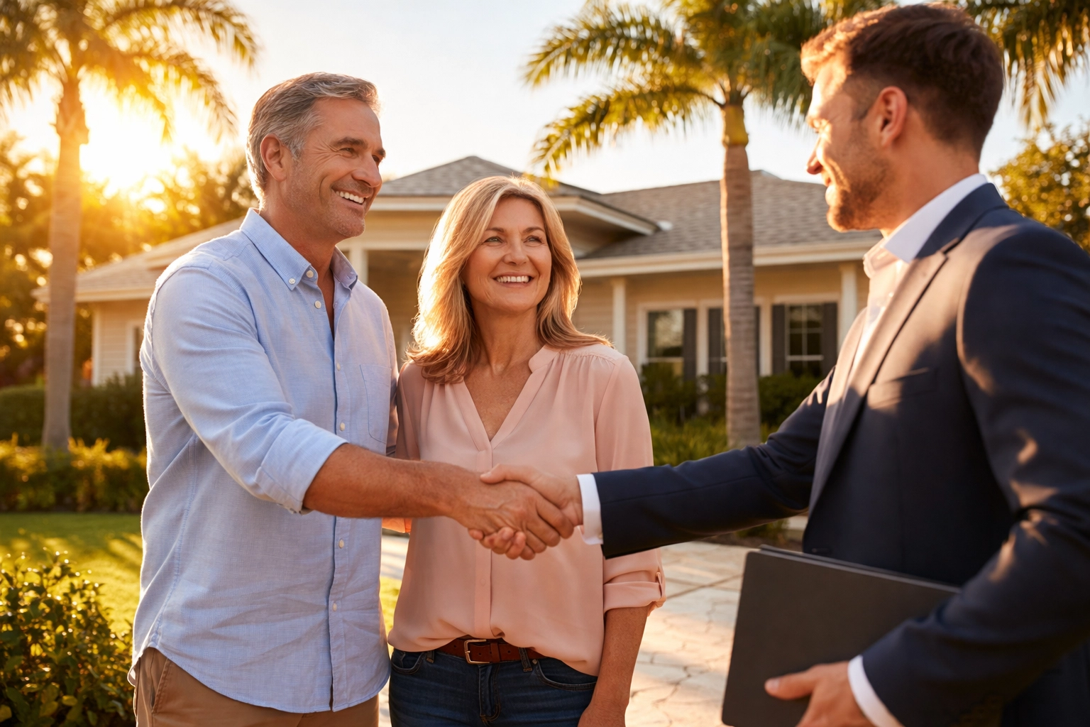 Realtor and buyers shaking hands at closing after using a rate buydown to secure affordability—2026 Florida transaction sourced from an investment property MLS