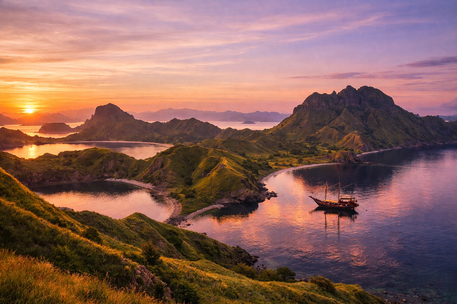 Golden hour sunset over Komodo National Park with a luxury expedition boat anchored in a quiet bay.