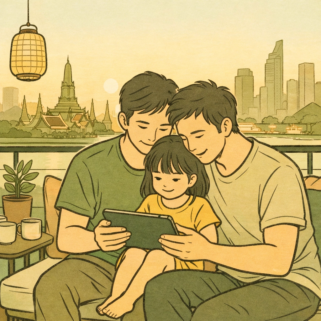 Two gay fathers with daughter on Bangkok balcony, modern family parenting in Thailand