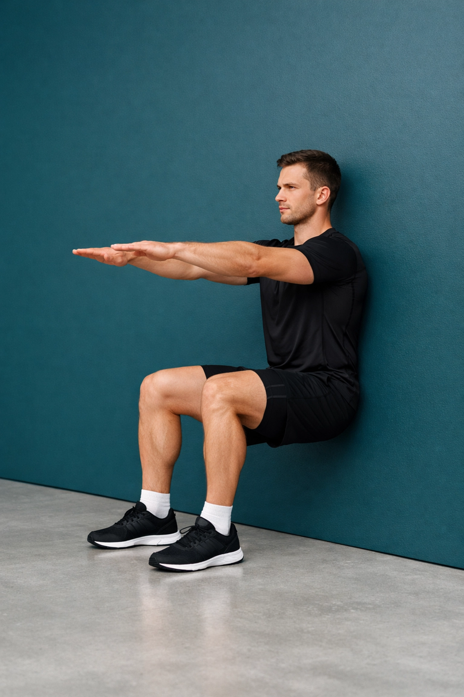 Swimmer performing a deep breathing wall sit drill on land to increase lung capacity and respiratory muscle strength.