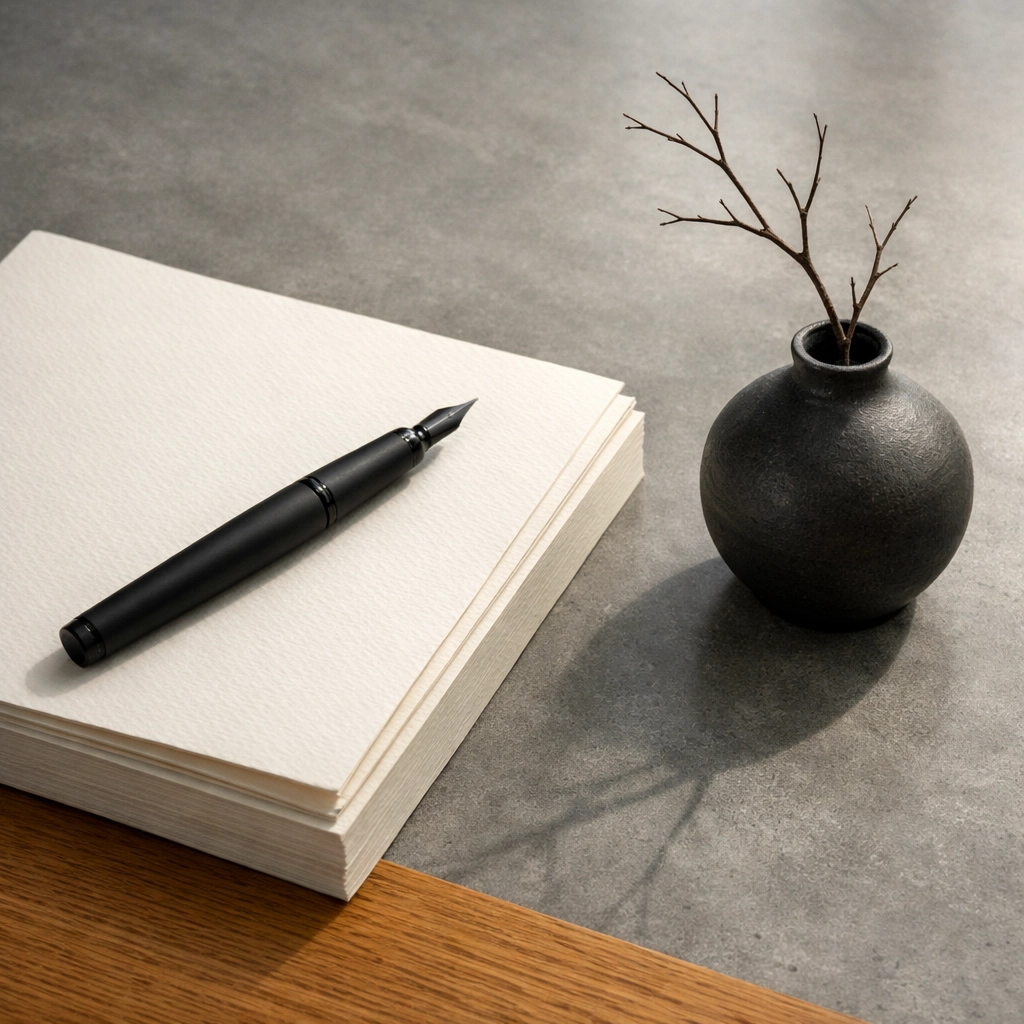 Minimalist creative workspace with essential tools representing intentional boutique brand strategy.