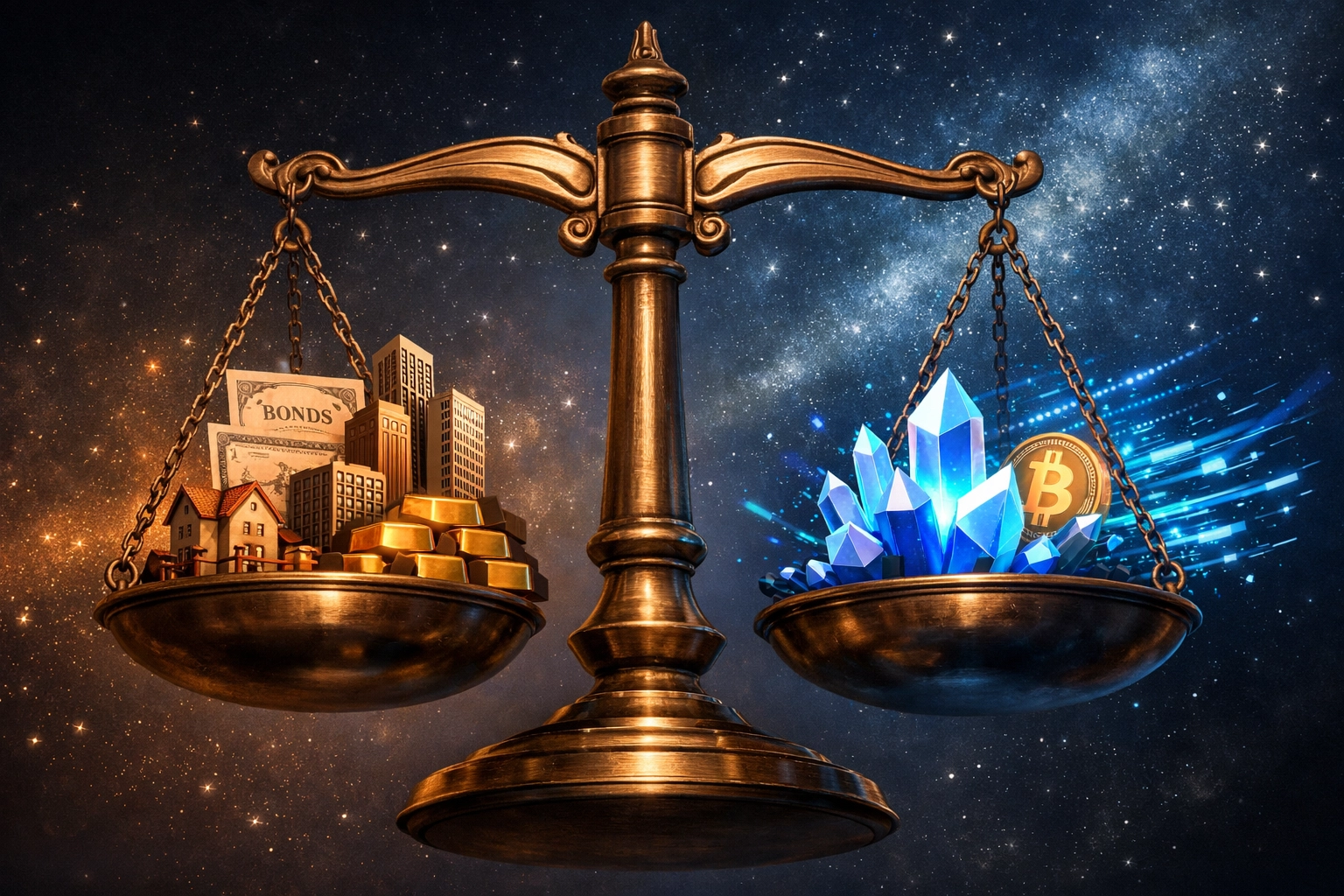 Balanced scale comparing traditional assets with digital investments for risk mitigation