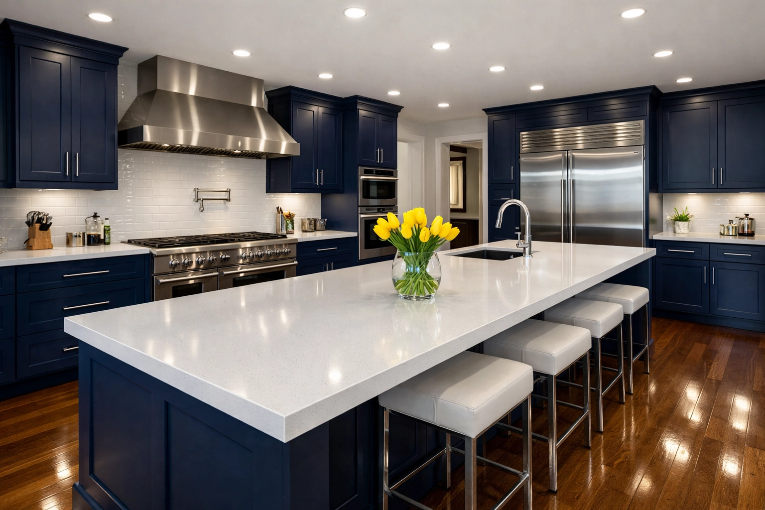 Spotless modern kitchen with navy cabinets following a professional residential cleaning Massachusetts visit.