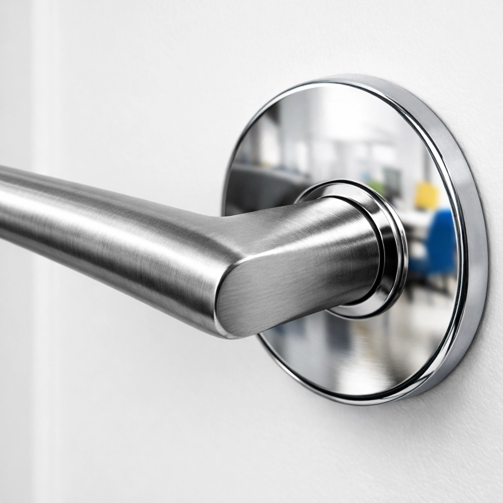 Sanitized steel door handle showing professional office cleaning attention to detail.