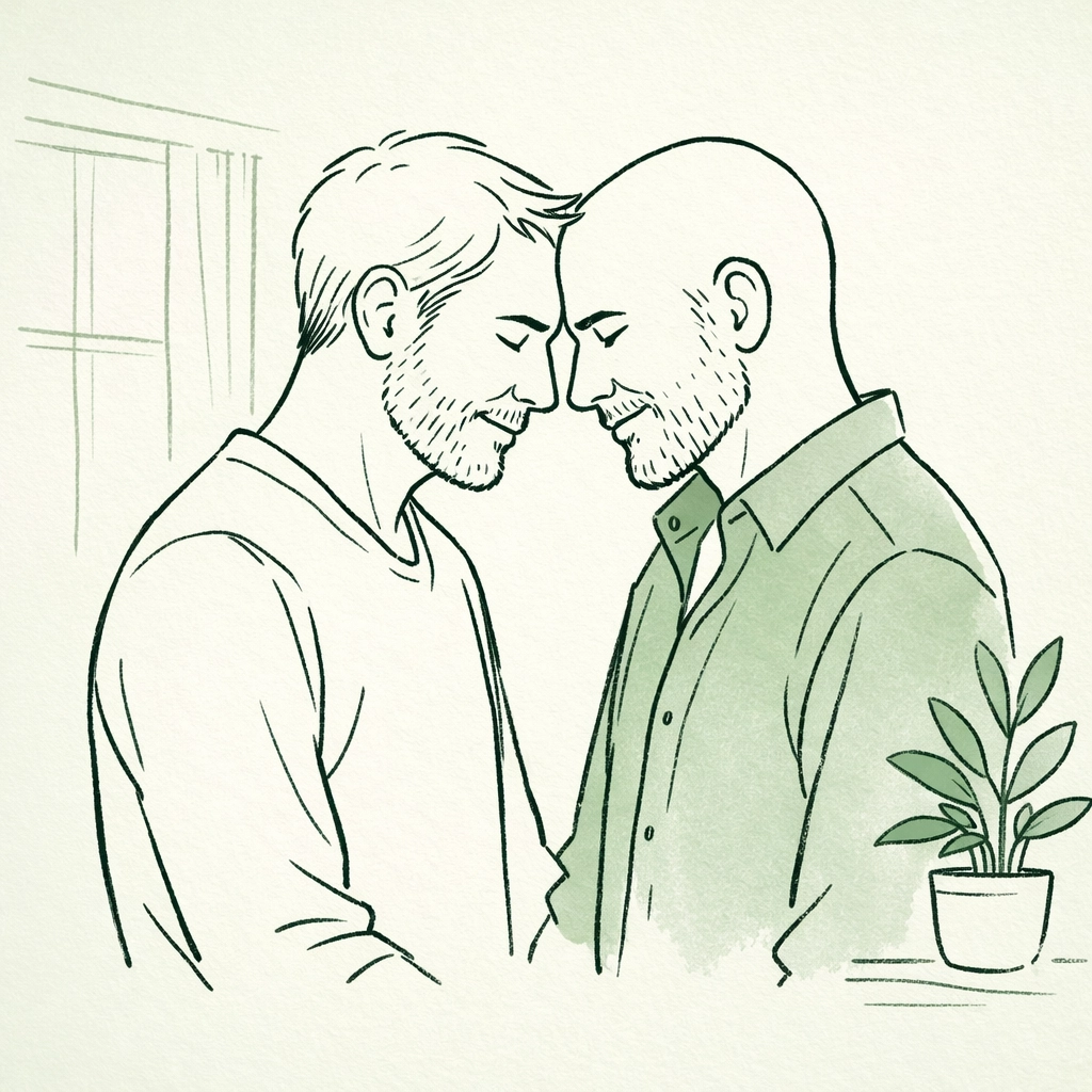 Hand-drawn illustration of a mature gay couple connecting, symbolizing the journey of coming out later in life.