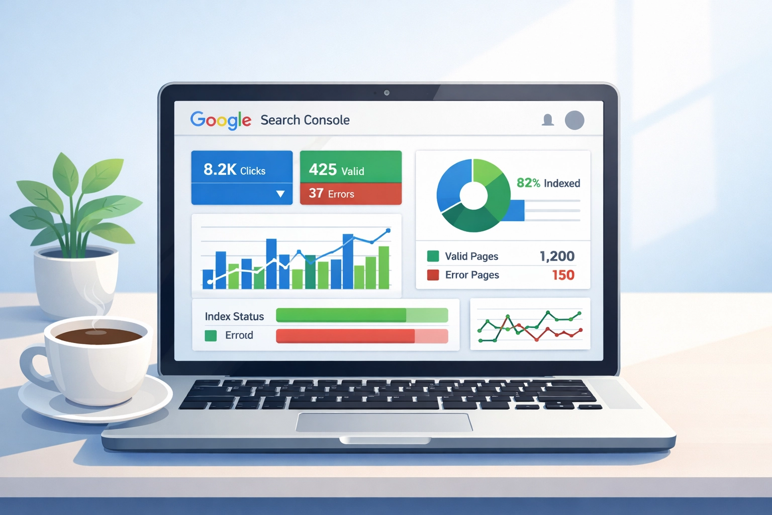 Google Search Console dashboard showing index status and coverage metrics for SEO health check