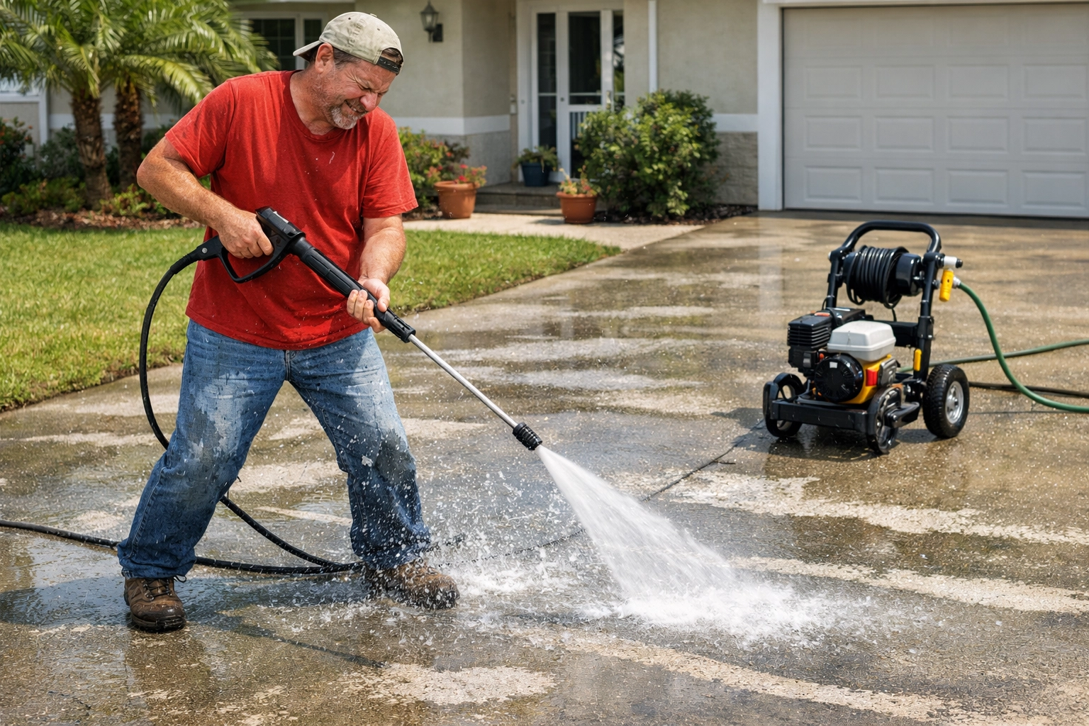 Homeowner using a low-power pressure washer on driveway with streaks and missed spots, suburban Florida home in background