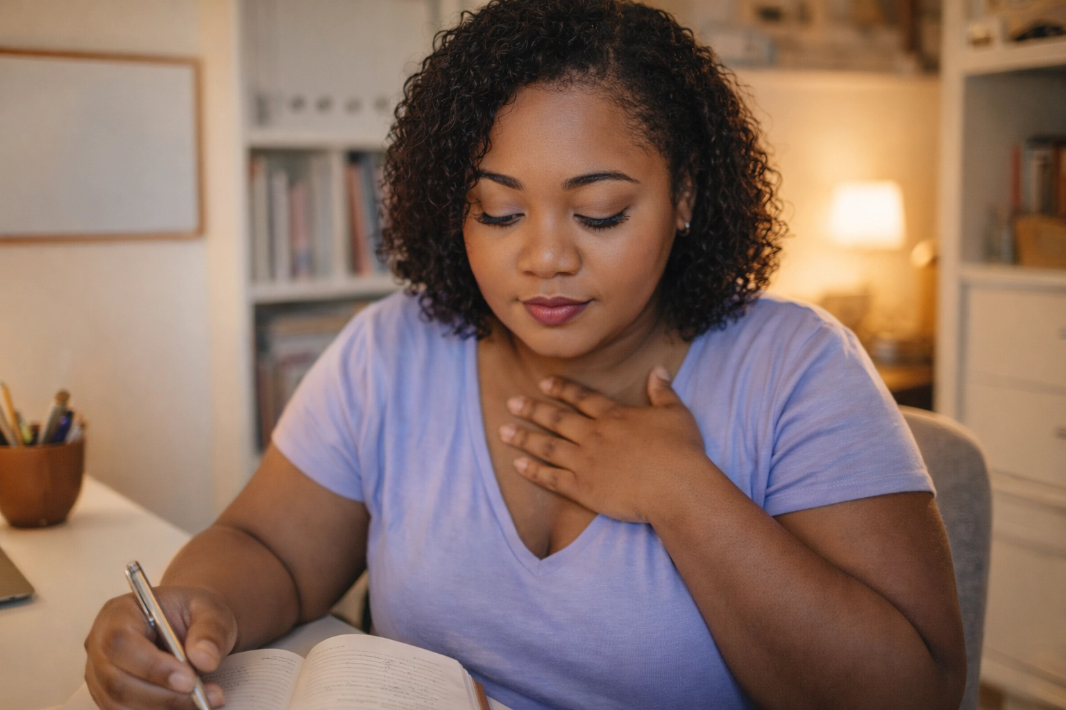 A woman sits at her desk with one hand to her heart