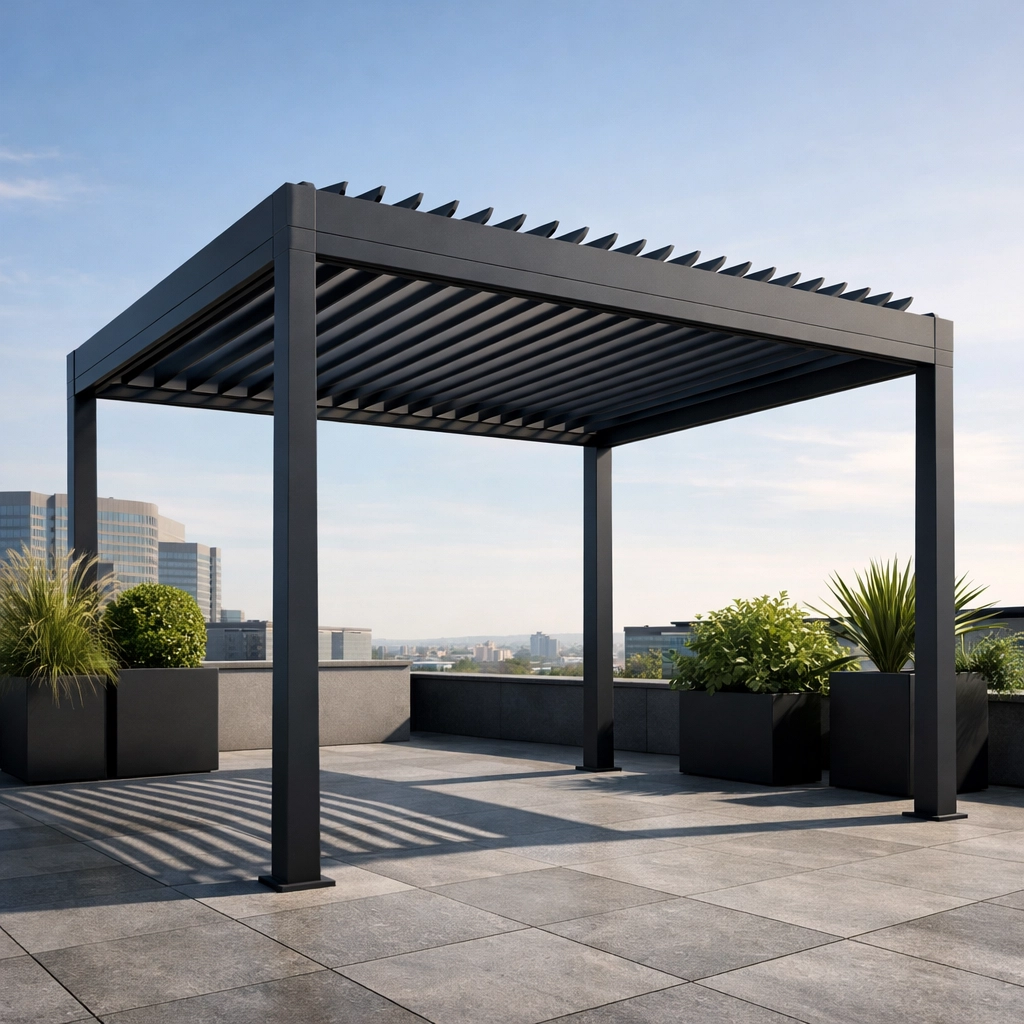 Elegantes Lamellendach Wien in Anthrazit für ein modernes bioklimatisches Outdoor-Erlebnis.