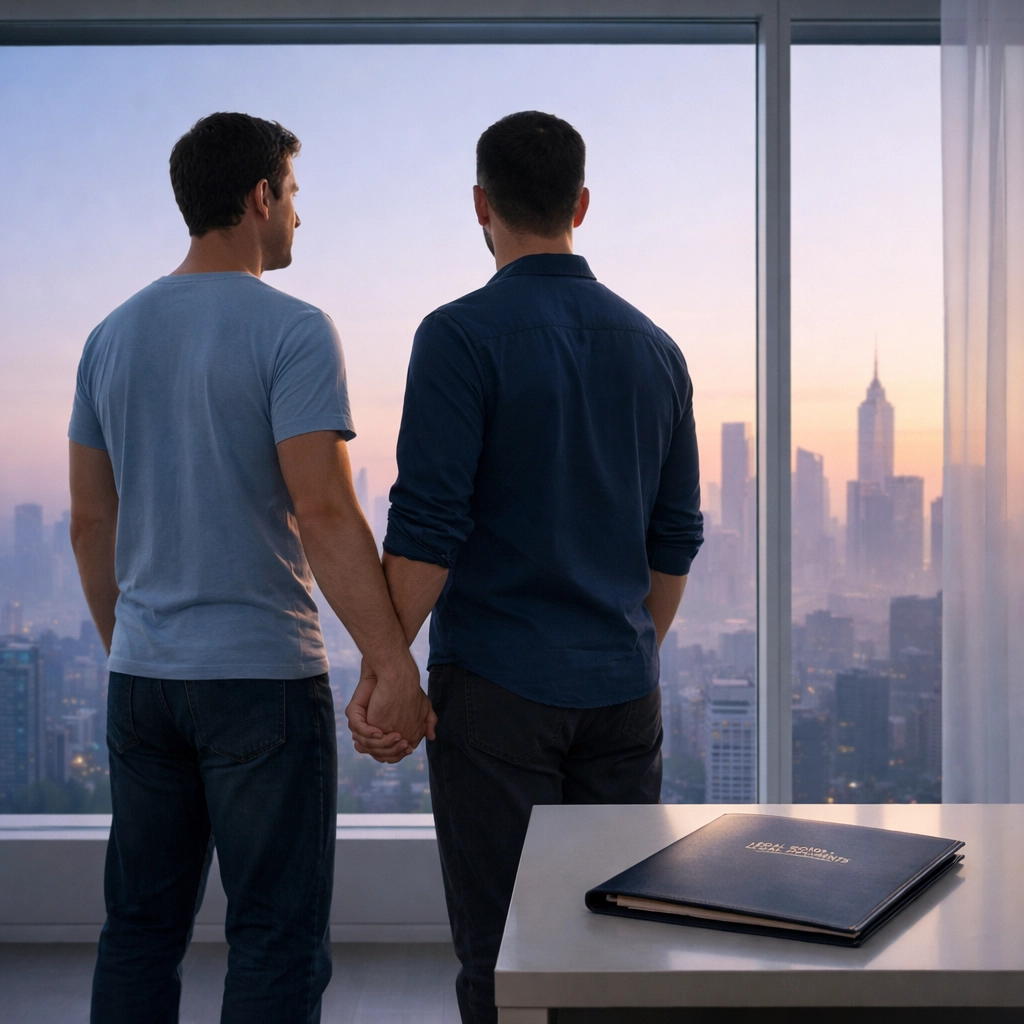 Same-sex couple holding hands at home, symbolizing the hope for legal civil partnerships and queer rights.