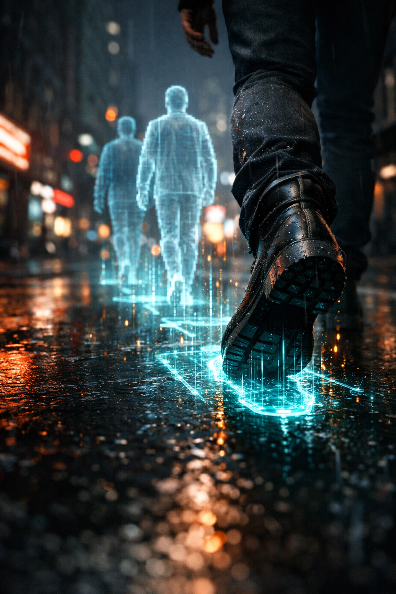 A person walking on a dark street with a digital AI prediction mapping their future movements and choices.