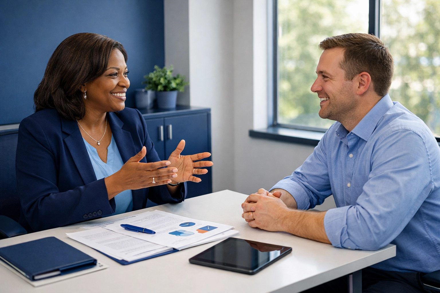 Benefits counselor meeting with employee to discuss voluntary benefits options one-on-one