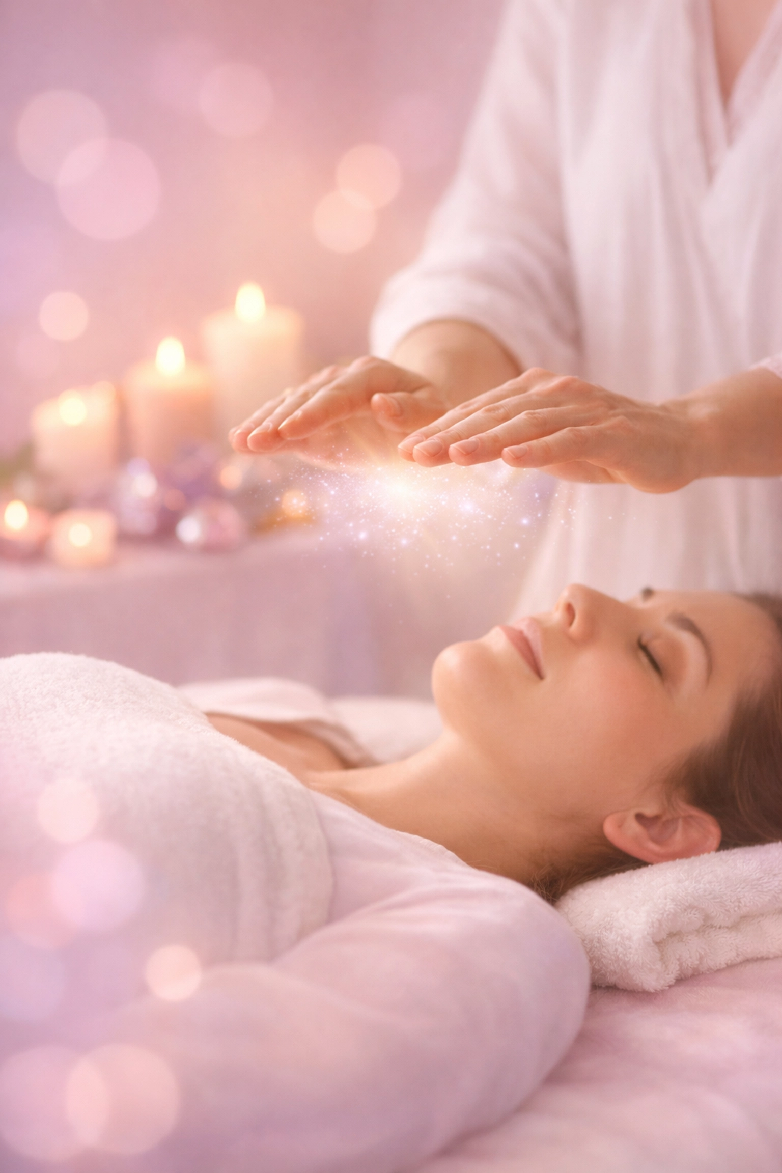 Reiki healing session with practitioner's hands hovering above relaxed client on massage table