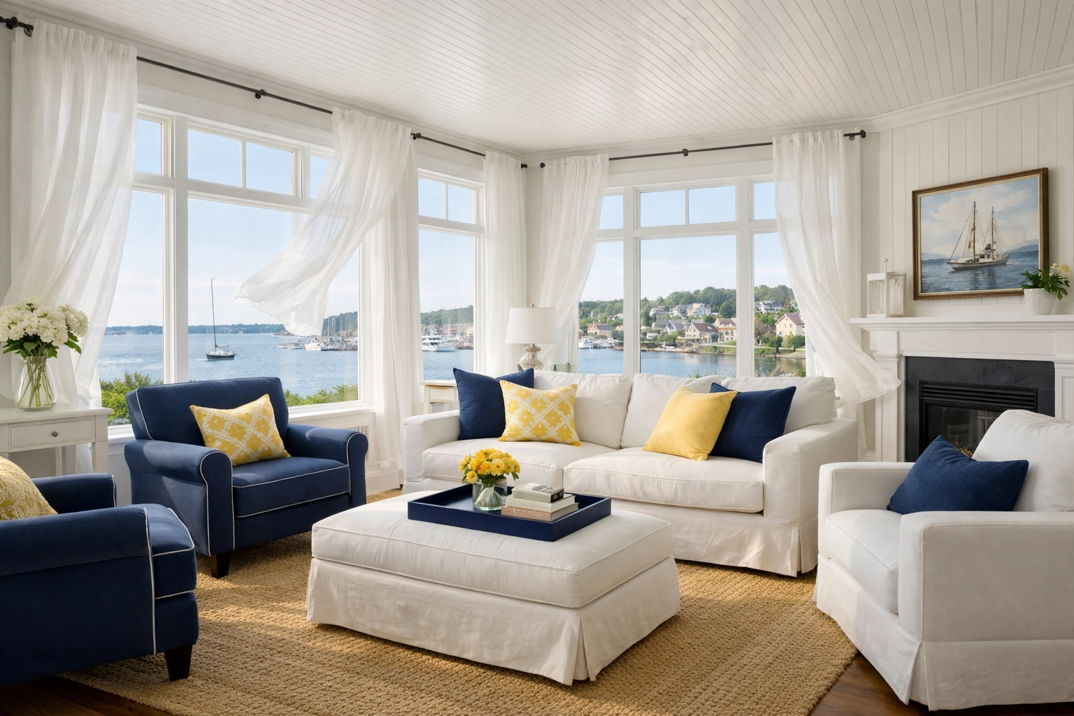 Sun-drenched Lunenburg living room with breezy windows to keep the home naturally cool and fresh.