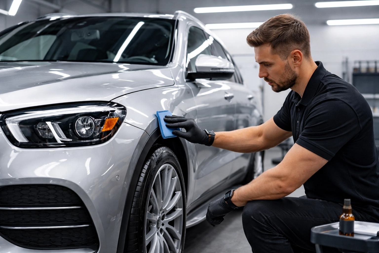 Professional applying paint protection to a luxury SUV, highlighting expert car paintwork care