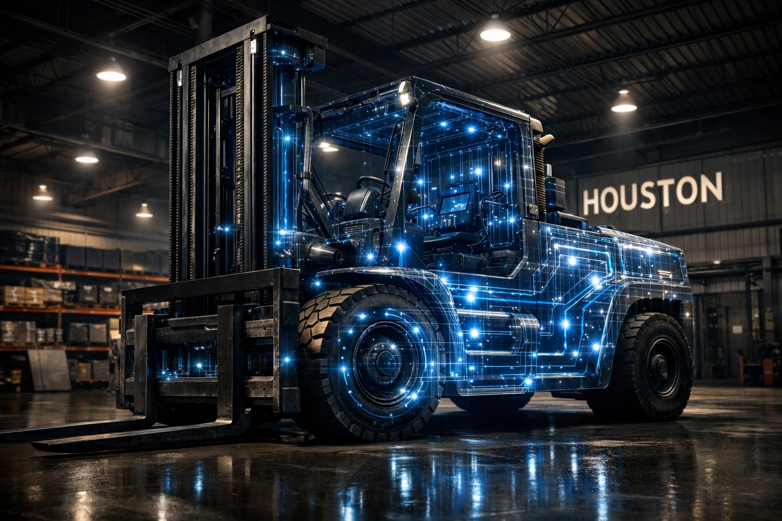 Industrial forklift in a Houston warehouse showing internal telematics sensors for safety tracking.