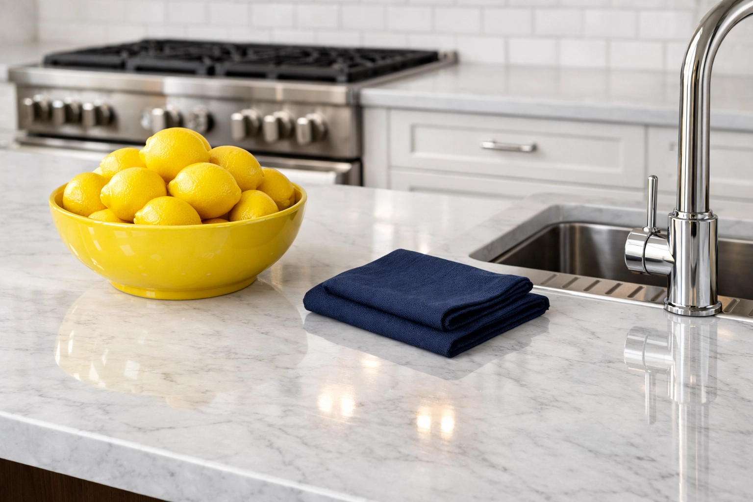 Deep cleaned gourmet kitchen in Carlisle with sparkling marble islands and sanitized surfaces.