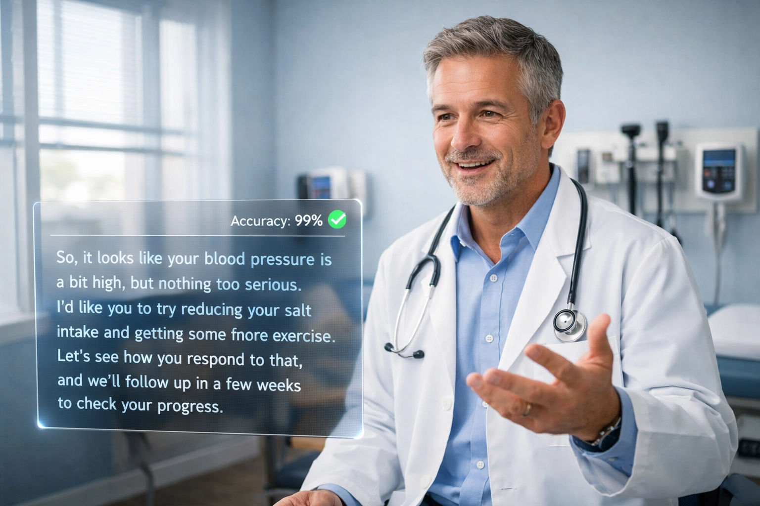 Physician using voice-to-text medical dictation software with real-time transcription accuracy