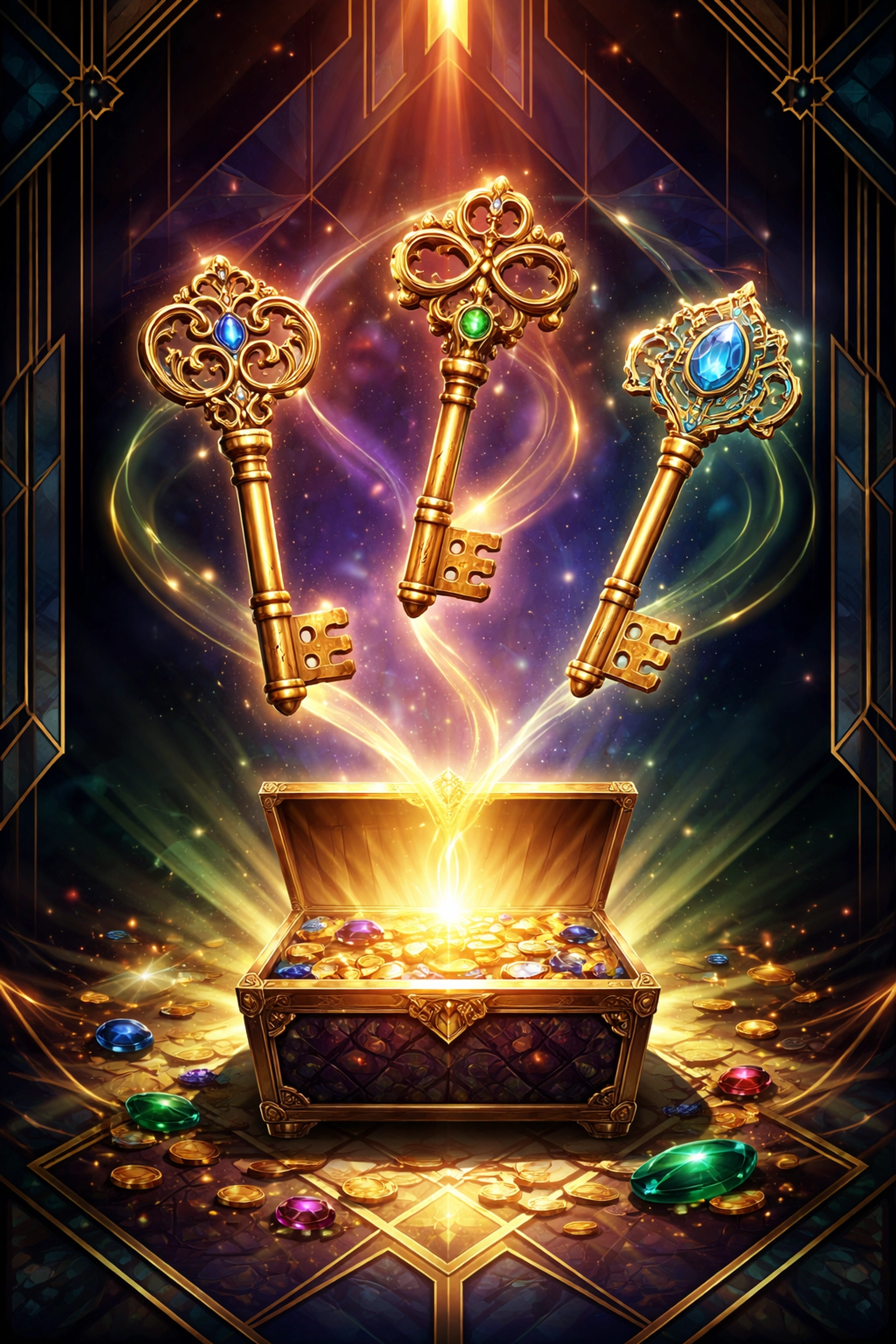 Three golden keys above a treasure chest representing unlocking alternative investments and digital asset access