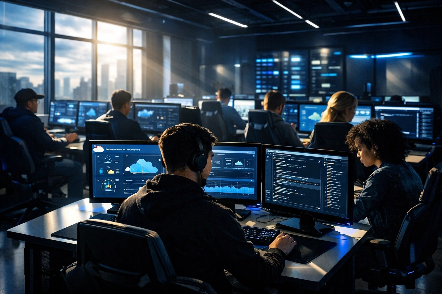 Modern tech training facility with gaming workstations for workforce development and cloud literacy