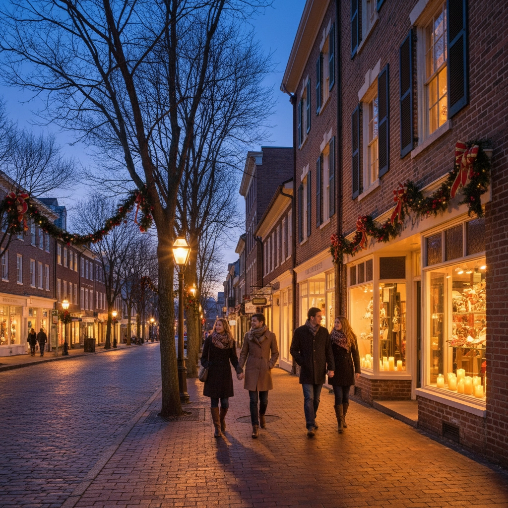 Candlelit storefronts and holiday decorations along Kings Highway in Haddonfield during a candlelight shopping event Candlelit storefronts and holiday decorations along Kings Highway in Haddonfield during a candlelight shopping event