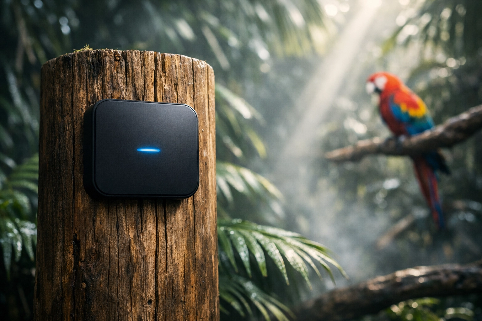Modern IoT sensor installed in a zoo exhibit to monitor environmental data in a smart venue.