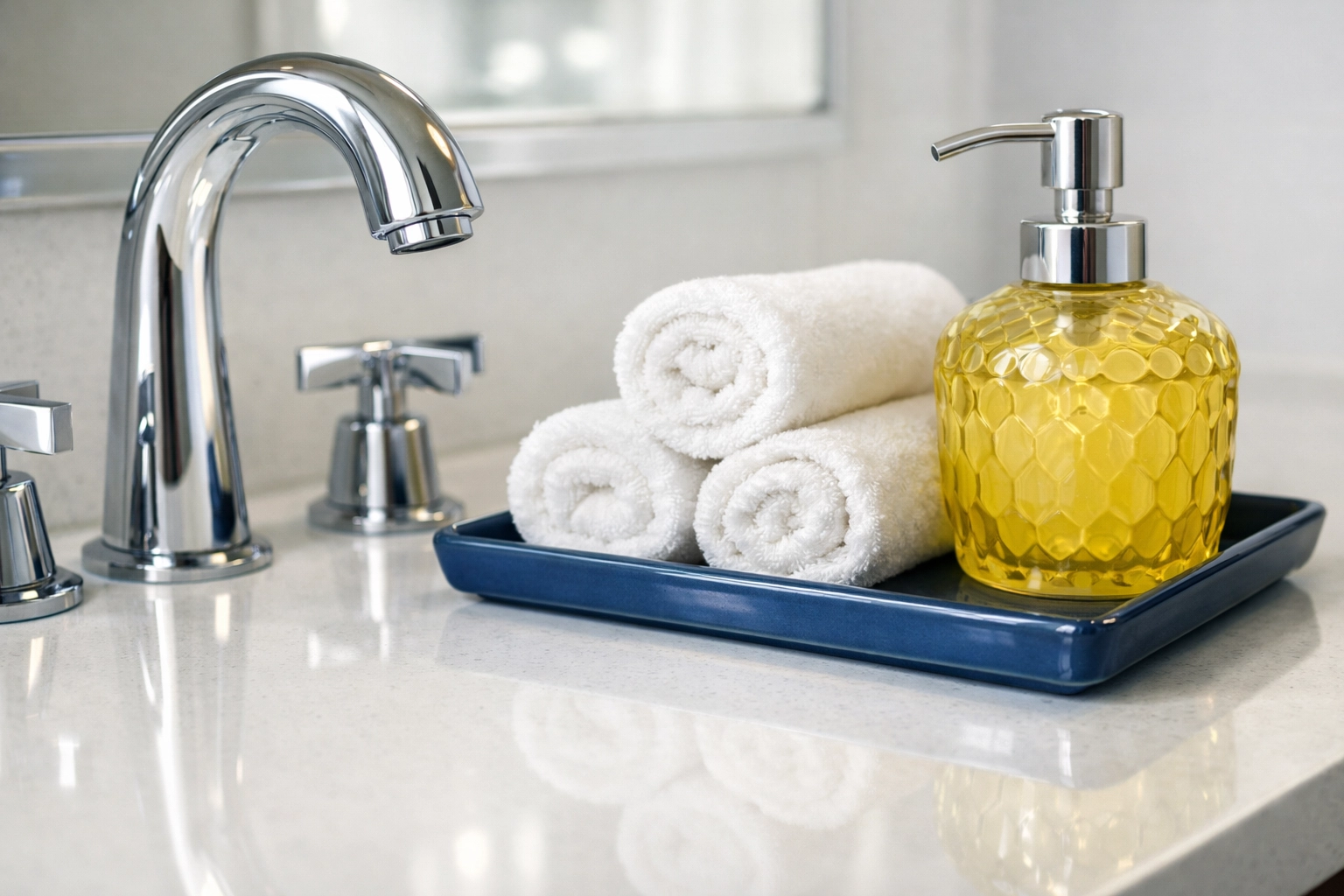 A sparkling clean bathroom vanity and quartz countertop after a weekly house cleaning Somerville visit.