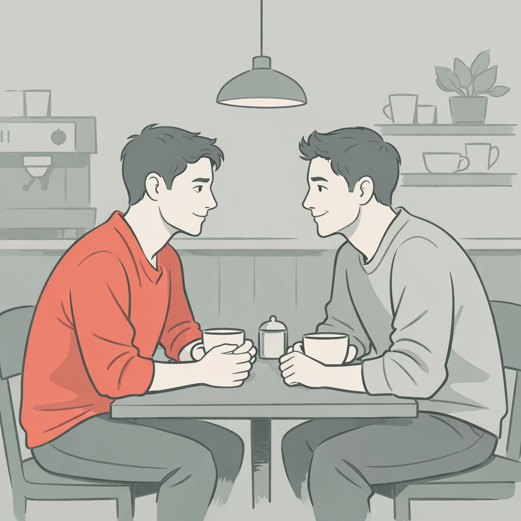 Two gay men meeting at coffee shop, beginning connection in monochrome world