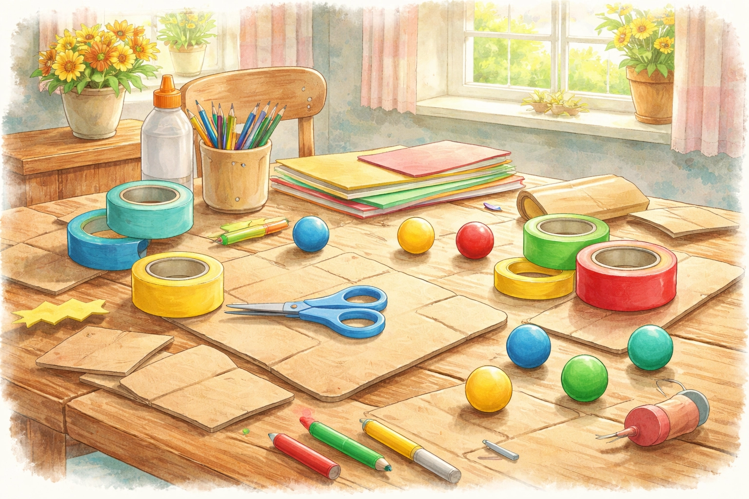 Children's craft table with cardboard, masking tape, scissors, and colorful balls for a ball ramp activity