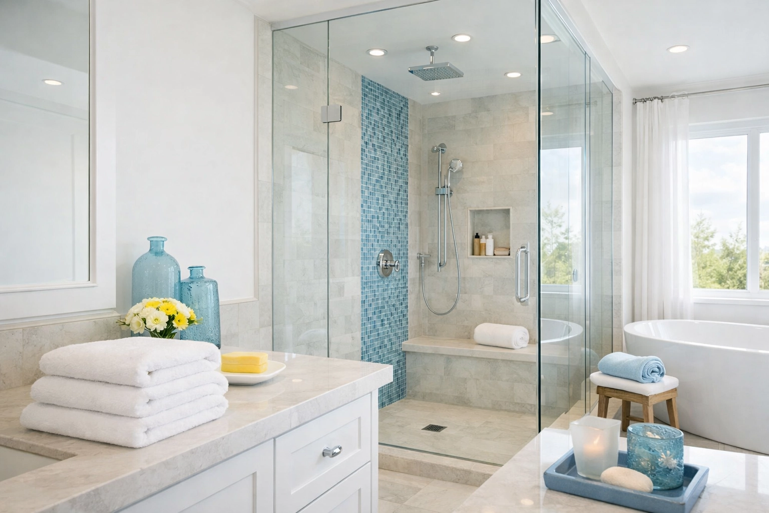 Spa-like white bathroom with neatly folded towels, subtle blue accents, and a warm yellow detail for a luxury hotel feel.